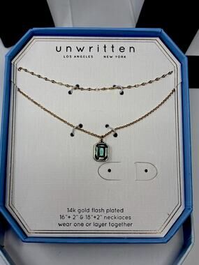 Unwritten Green Glass 2 Piece 14k Gold Flashed Plated Layered Delicate Necklace